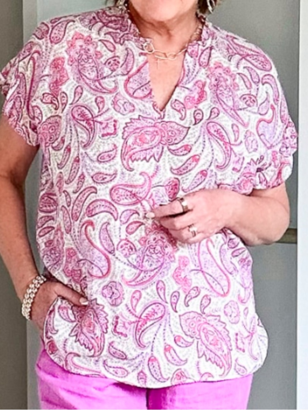 J Jill pink paisley, rayon, short sleeve L